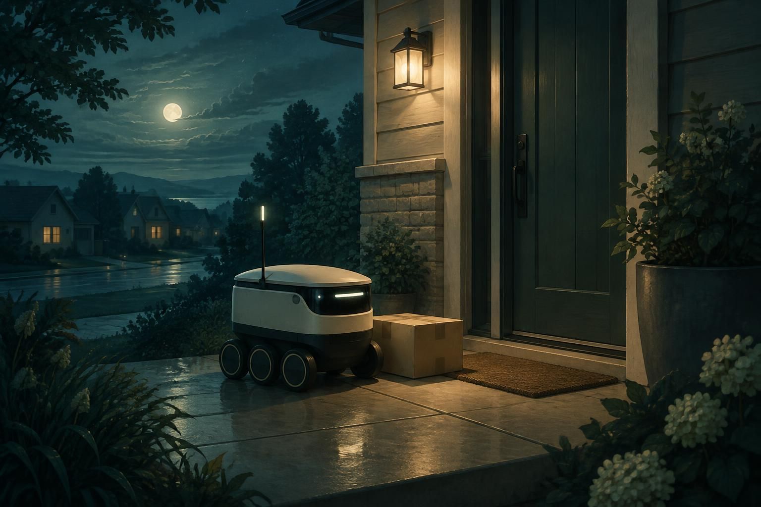 A small delivery robot sits at a home's front door beside a package under a porch light at night.